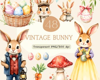 Vintage Bunny Watercolor Clipart, Easter Rabbit PNG, Botanical Cottagecore, Printable Spring Nursery, Digital Download