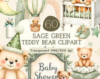 Clipart di orsetto di peluche verde salvia, pacchetto PNG per baby shower, orsetto ad acquerello, grafica neutra per inviti alla cameretta