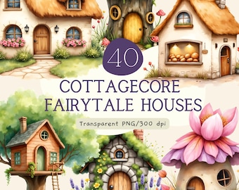 Pacchetto di clipart di case da fiaba in stile cottagecore, cottage ad acquerello in formato PNG, casa sull'albero fatata stravagante, sublimazione per junk journal, uso commerciale