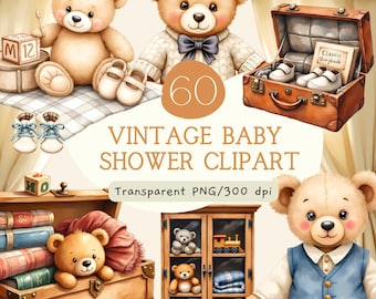 Clipart di orsacchiotto vintage per baby shower, pacchetto PNG di bambini classici ad acquerello, grafica di giocattoli per cameretta in stile preppy