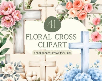 Pacchetto di clipart con croce floreale, croce ad acquerello PNG, grafica per battesimo, prima comunione, Pasqua, croce floreale religiosa, uso commerciale