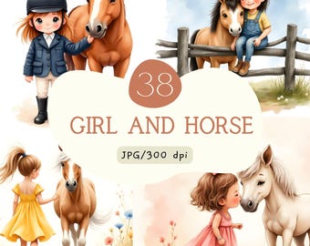 Ragazza e cavallo JPG, clipart di pony ad acquerello, arte equestre femminile, regali per amanti dei cavalli, decorazioni per la cameretta, uso commerciale