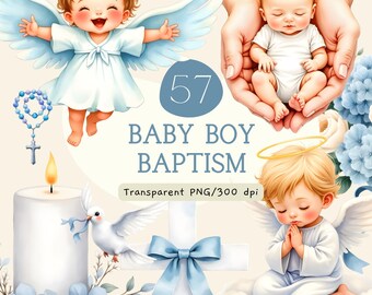 Pacchetto di clipart per battesimo di un maschietto, immagini PNG ad acquerello per battesimo, grafica blu per invito al battesimo, angioletto bambino, uso commerciale