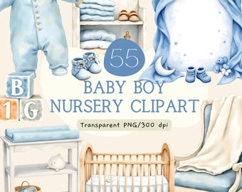 Clipart per la cameretta del neonato, pacchetto PNG ad acquerello per baby shower, grafica per culla, passeggino e vestiti per neonati.