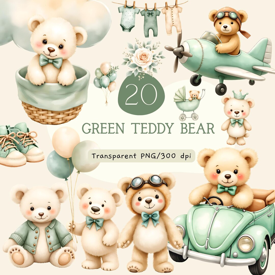 Watercolor Teddy Bear Clipart Bundle, Green Nursery PNG Graphics ...
