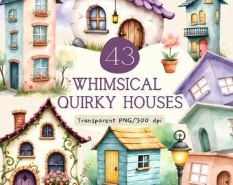 Pacchetto di clipart di case stravaganti e bizzarre, case colorate ad acquerello in formato PNG, cottage di città stravaganti, sublimazione per junk journal, uso commerciale