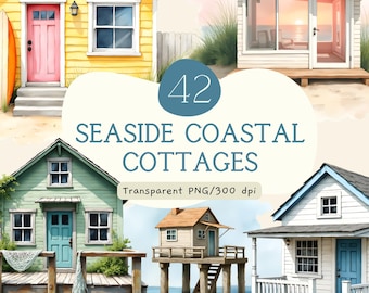 Pacchetto di clipart di cottage costieri sul mare, casa sulla spiaggia ad acquerello PNG, città di cottage nautici, sublimazione per junk journal, uso commerciale