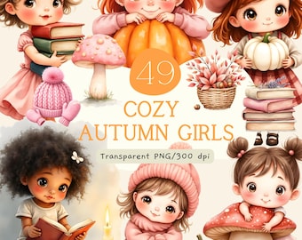 Pacchetto di clipart Ragazza d'Autunno, Ragazza d'Autunno ad Acquerello PNG, Piccola Zucca Baby Shower, Invito di Compleanno, Festa a Campo di Zucche, Uso Commerciale