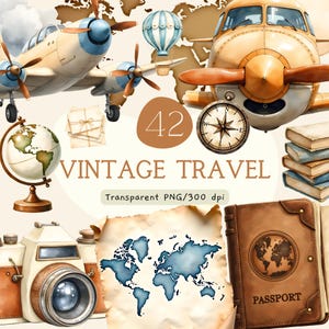 May include: Watercolor illustration of vintage travel items. Depicts aeroplanes, a hot air balloon, compass, globe, camera, passport, books, and a world map. The text "VINTAGE TRAVEL" is visible.