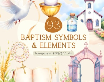 Pacchetto di clipart per il battesimo, simboli religiosi ad acquerello PNG, croce, colomba, calice, candela, chiesa, grano, battesimo, comunione, uso commerciale