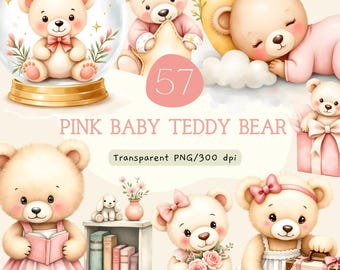 Pacchetto di clipart di un orsacchiotto rosa, orsacchiotto ad acquerello in formato PNG, decorazioni per la cameretta di una bambina, baby shower, uso commerciale