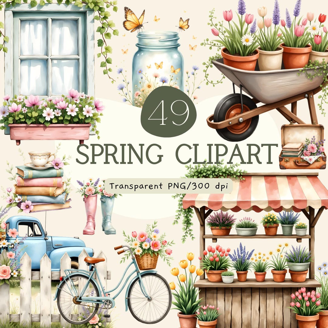 Spring Watercolor Clipart Bundle, Floral Bicycle Graphics (digital ...