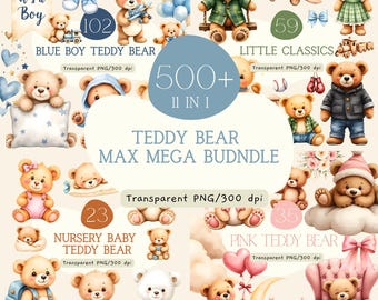 Pacchetto di oltre 500 clipart di orsetti di peluche, stile acquerello, decorazioni per baby shower (download digitale)