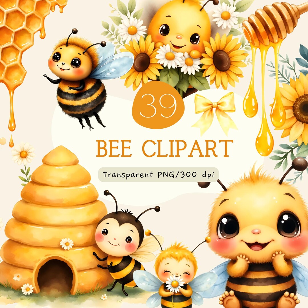 Watercolor Bee Clipart Set, Floral Honey Bee PNG Bundle, Bumble Bee ...