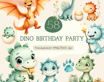 Dino Birthday Clipart, Cute Dino PNG, Dino Birthday Party Decor, Nursery Wall Art, Baby Shower, Printable Download