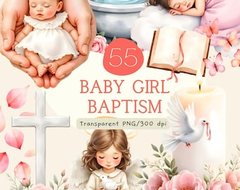 Pacchetto di clipart per battesimo di bambina, immagini PNG ad acquerello per battesimo, grafica rosa per invito al battesimo, angioletto bambina, uso commerciale
