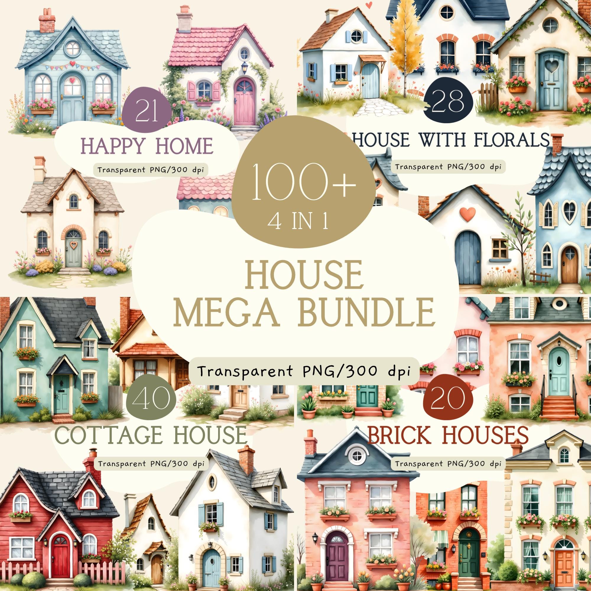 100+ House Clipart Mega Bundle, Watercolor Cottage House PNG Set, Happy ...