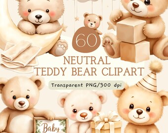 Clipart di orsacchiotto neutro per baby shower, pacchetto PNG di orsacchiotto ad acquerello, grafica per inviti per la cameretta sui toni del beige