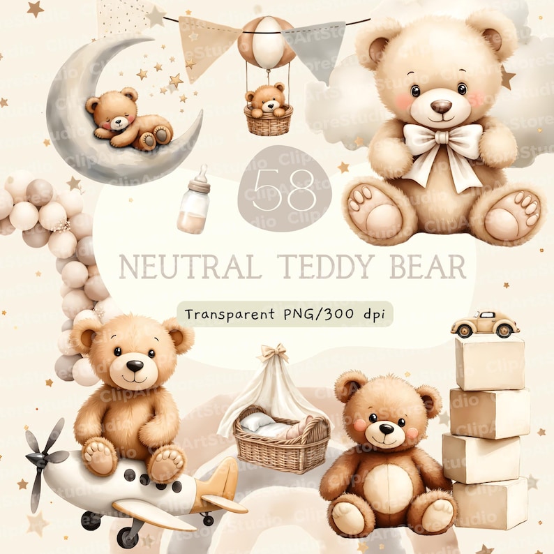 Teddy Bear Clipart Mega Bundle, Watercolor PNG, Nursery Art (instant ...