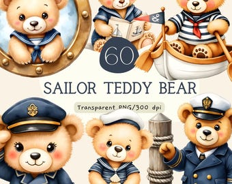 Pacchetto di clipart di orsacchiotti marinai, orsacchiotto ad acquerello in formato PNG, baby shower a tema nautico, decorazioni per la cameretta dei bambini, uso commerciale