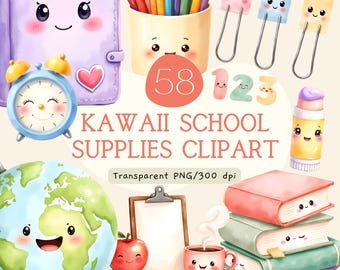 Clipart di materiale scolastico Kawaii, pacchetto PNG per il ritorno a scuola, clipart di cancelleria, grafica per l'aula scolastica.