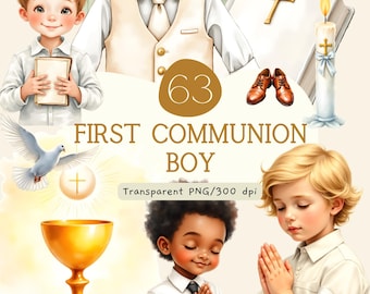 Clipart di un bambino che riceve la Prima Comunione, immagine PNG ad acquerello della Santa Comunione, grafica di un bambino in preghiera, pacchetto di inviti per la Comunione, uso commerciale
