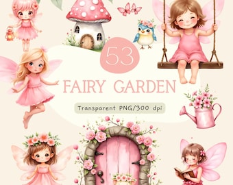 Watercolor Pink Fairy Garden Clipart, 53 PNG Graphics (Digital Download)