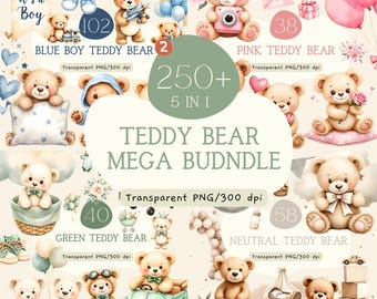 Mega Bundle di Clipart di orsacchiotti, PNG acquerellati, arte per bambini (download immediato)