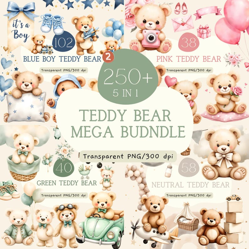 Teddy Bear Clipart Mega Bundle, Watercolor PNG, Nursery Art (instant ...