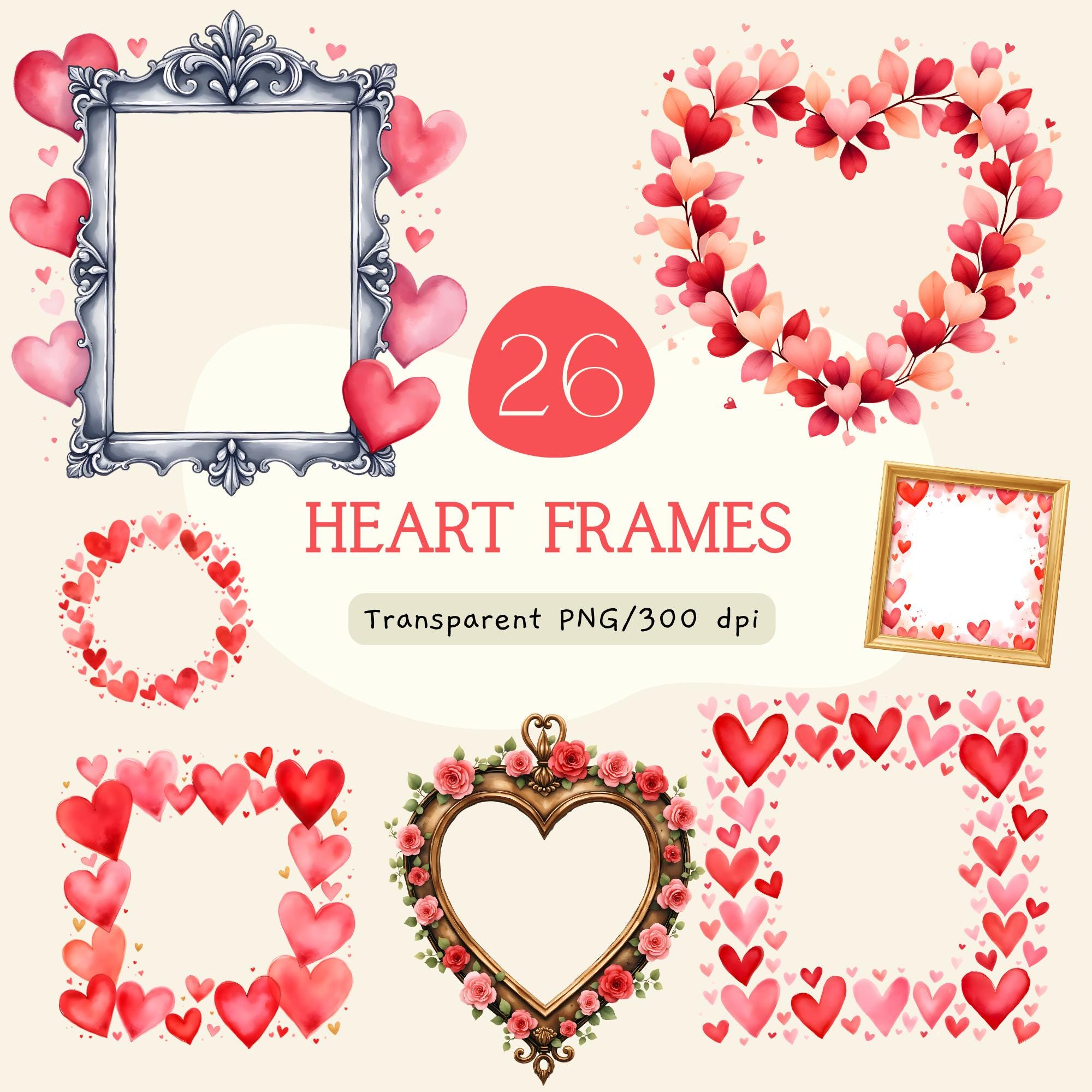 Watercolor Heart Frame Clipart Bundle, Valentine Frame Borders PNG ...