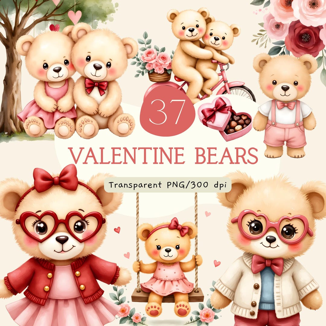 Watercolor Teddy Bear Clipart, Valentine's Day PNG Set (digital ...