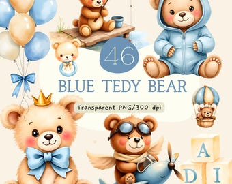 Boy First Birthday Teddy Bear Clipart, Watercolor Blue Bear PNG, 1st Birthday Party, Cake Smash, Nursery Art, Commercial Use