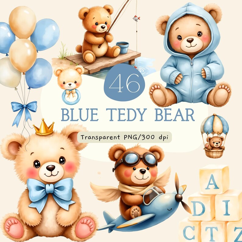 Boy First Birthday Teddy Bear Clipart, Watercolor Blue Bear PNG, 1st ...