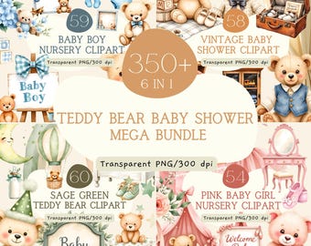 Pacchetto mega di oltre 350 clipart di orsetti di peluche, blu pastello, rosa, salvia, clipart per baby shower, decorazioni per la cameretta, clipart di orsetti neutri, uso commerciale