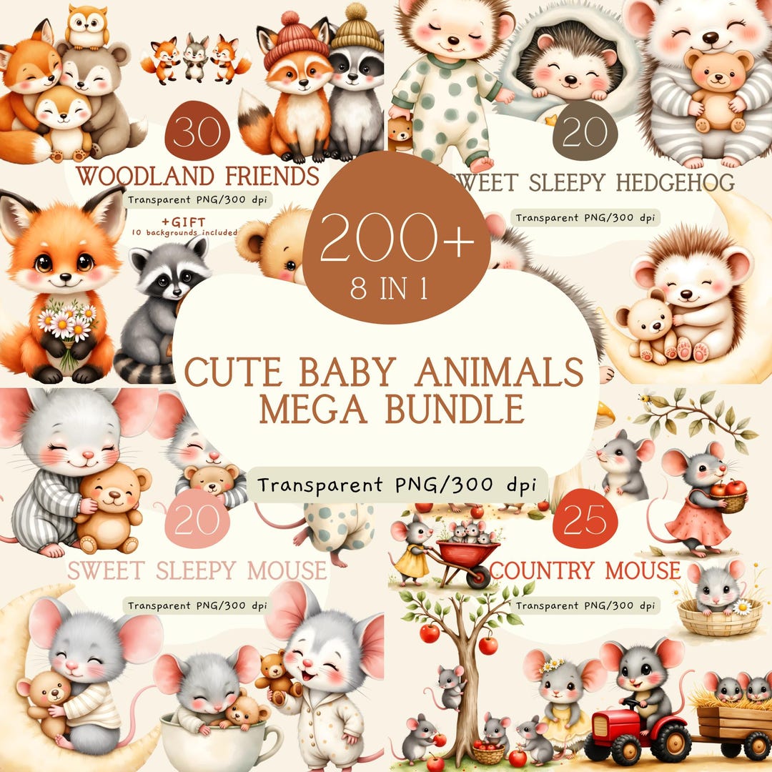 Cute Baby Animals Mega Bundle, Watercolor Animal Clipart PNG, Nursery ...