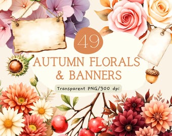 Pacchetto di clipart floreali autunnali, fiori autunnali ad acquerello in formato PNG, cornici e striscioni con ghirlande, inviti di nozze autunnali, Giorno del Ringraziamento, uso commerciale.