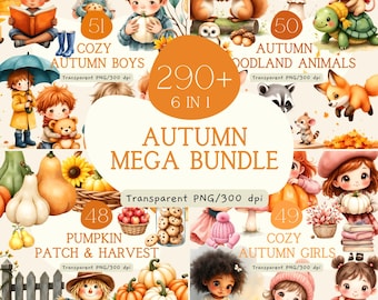 Pacchetto MEGA di clipart autunnali, 300 immagini PNG ad acquerello autunnali, orsetti di peluche, zucche, boschi e fiori, baby shower, Ringraziamento, uso commerciale