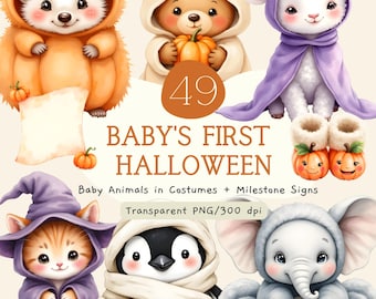 49 Baby First Halloween Clipart, Watercolor Baby Animals PNG, Cute Costume Nursery Set, My 1st Halloween Decor, Commercial Use