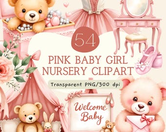 Clipart di orsacchiotto rosa per cameretta da bambina, pacchetto PNG ad acquerello per baby shower, grafica di peluche con fiocco e civetta
