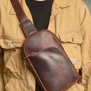 Personalized Handmade Full Grain Leather Sling, Chest Bag for Men, Crossbody EDC