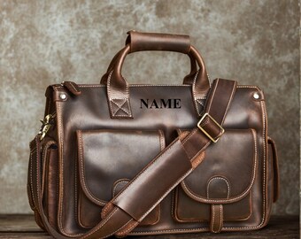 Personalisierte, handgefertigte Weekender-Tasche aus Vollnarbenleder, Vintage-Reisetasche