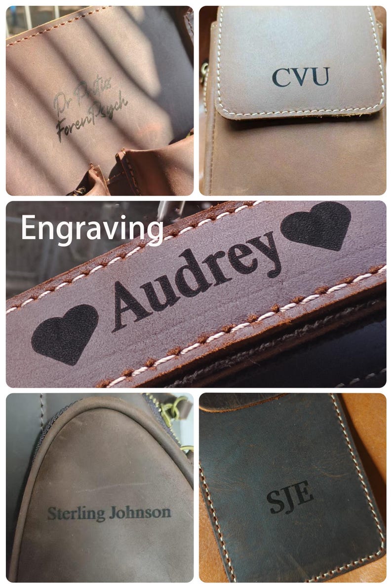 Peut inclure: Gros plans sur des articles en cuir personnalis&eacute;s avec texte grav&eacute;. Les images montrent divers articles, dont un sac, un portefeuille et une sangle, avec des noms, des initiales et des phrases. Le cuir est marron et marron fonc&eacute;.