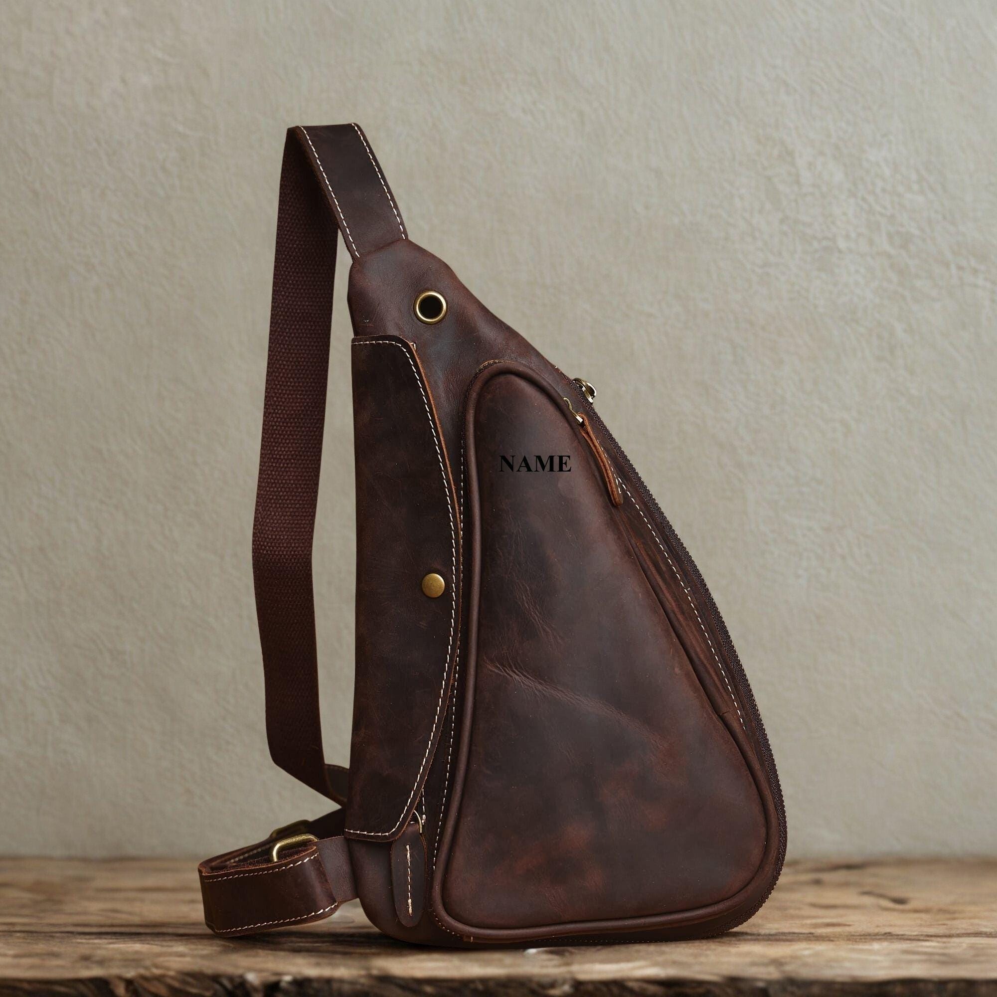 Handcrafted Full-grain Leather Sling Bag: Dark Brown  display picture 1