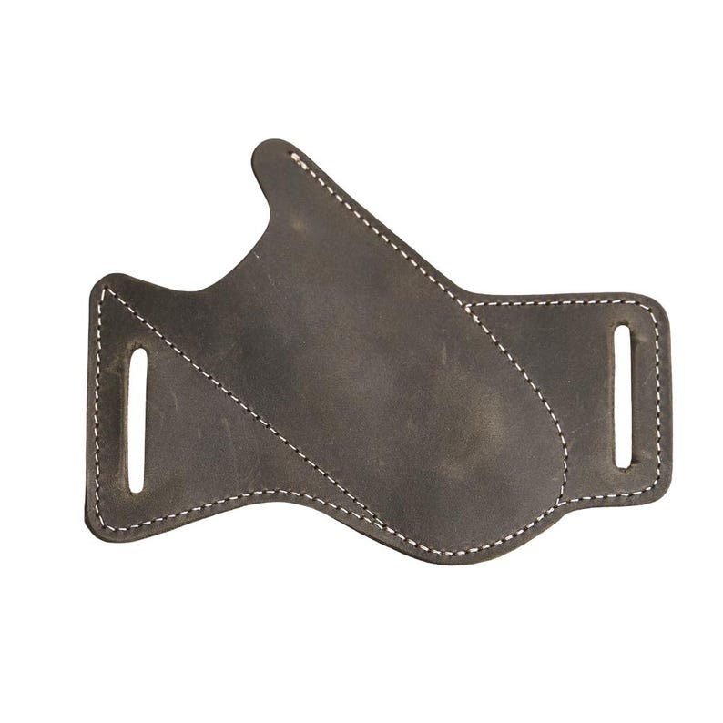 Peut inclure: Un &eacute;tui en cuir gris fonc&eacute; avec des coutures blanches. L'&eacute;tui pr&eacute;sente deux fentes verticales et un design incurv&eacute;. Les bords sont finis avec des coutures blanches, et le cuir a un aspect l&eacute;g&egrave;rement vieilli.