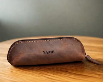 Personalized Full-Grain Leather Pencil Case | Handmade Zipper Pen Pouch | Vintage Leather Stationery Bag