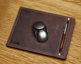 Personalized Full-Grain Leather Mouse Pad: Handmade Desk Mat, Gifts for professionals, gamers, and students