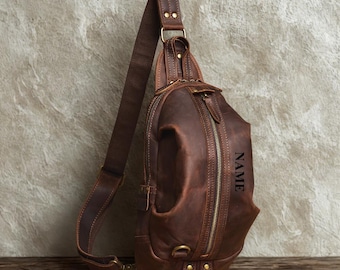 Sac bandoulière en cuir pleine fleur : sac poitrine bandoulière marron foncé, sac poitrine bandoulière noir