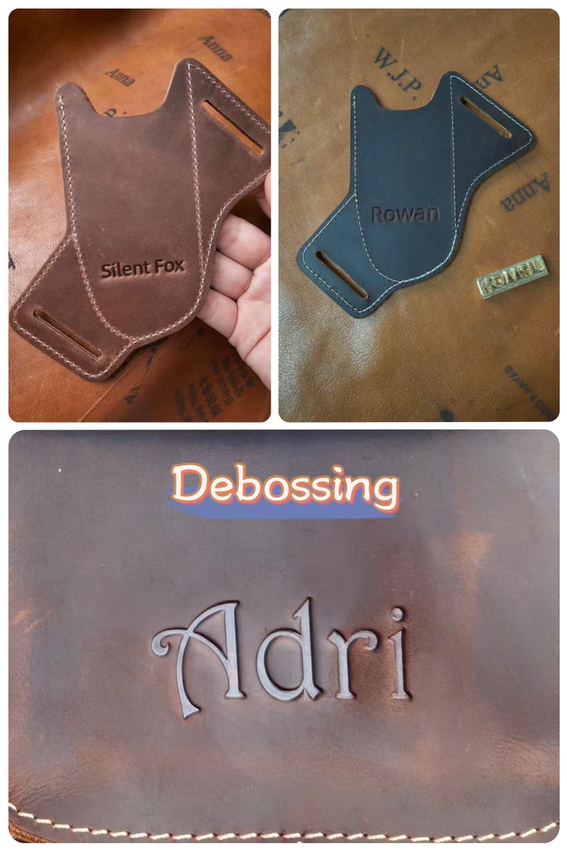 Peut inclure: Articles en cuir avec gaufrage personnalis&eacute;. L'un est marron avec "Silent Fox" gaufr&eacute;. Un autre est noir avec "Rowan" gaufr&eacute;. Le troisi&egrave;me est marron avec "Debossing" et "Adri" gaufr&eacute;s. Tous les articles ont des coutures blanches.