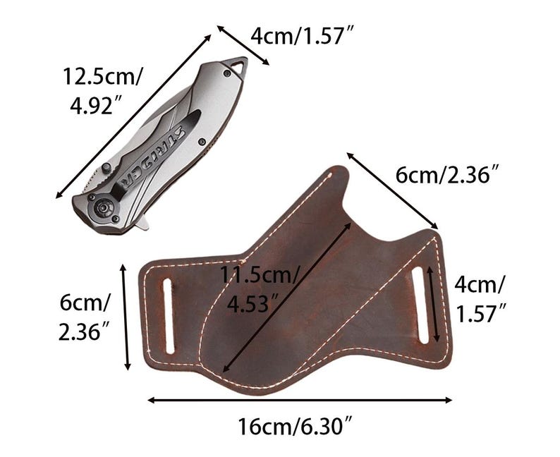 Peut inclure: Un couteau pliant argent&eacute; de 12,5 cm de long et un &eacute;tui en cuir marron de 16 cm de long sont pr&eacute;sent&eacute;s. Le couteau porte le mot "VEGINUS" imprim&eacute; sur la lame. L'&eacute;tui a des coutures blanches et deux passants de ceinture.