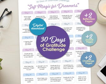 Reto de gratitud de 30 días - Diario de reflexión en tonos pastel (Imprimible y digital)